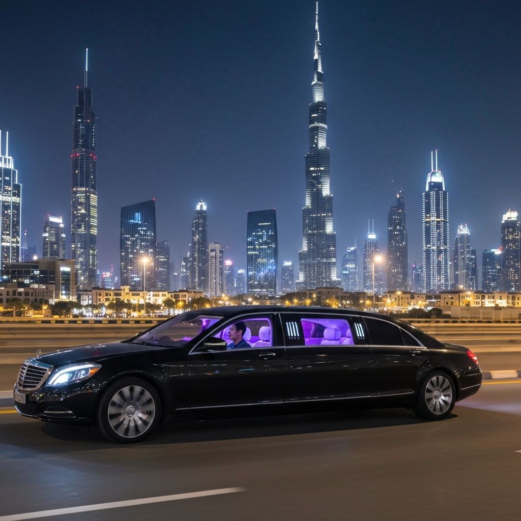 Night transfer through Dubai skyline